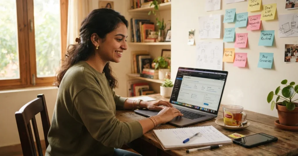 A beginner blogger working at a home desk with a laptop and notes, learning skills for online income in 2026