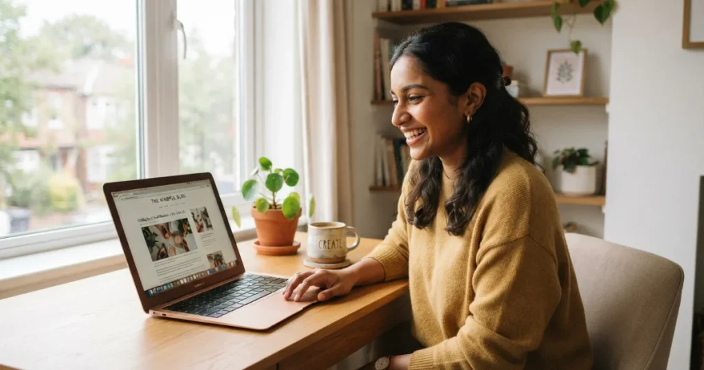 A successful beginner blogger smiling at her laptop — inspired by learning skills for online income in 2026