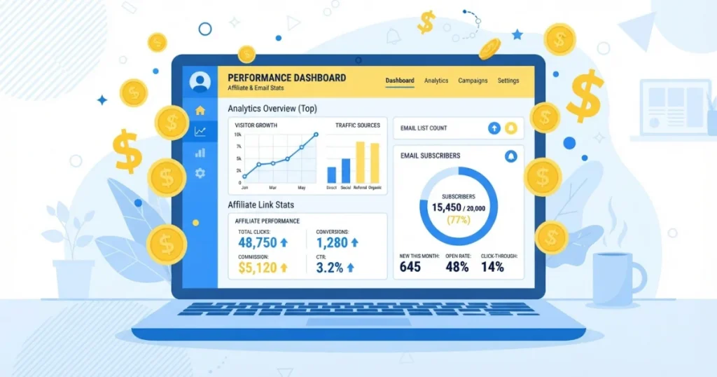 Blog monetization skills dashboard showing AdSense, affiliate income, and email list for bloggers in 2026
