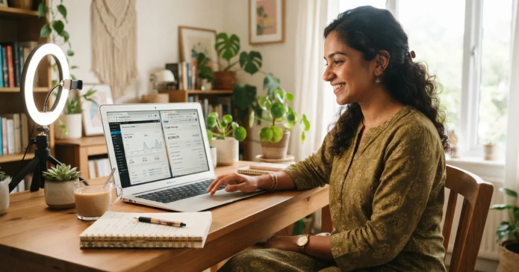 Blogger and content creator working on multiple online side hustles from home in 2026