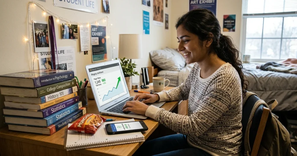 College student earning money online through blogging and digital products in 2026