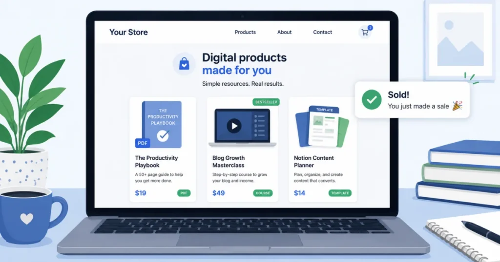 Digital products for sale on a blogger's storefront — eBook, course, and templates
