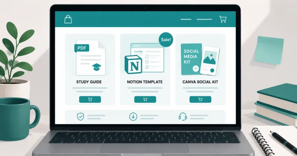 Digital products made by a student — study guides, Notion templates, and Canva kits for sale online