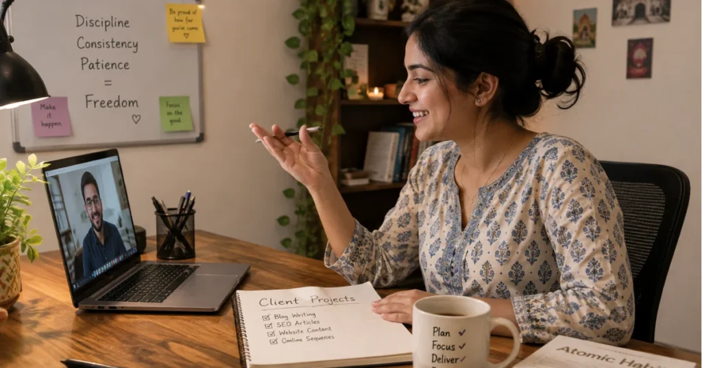 Freelance content creator on a client call — offering writing and SEO services as a side hustle