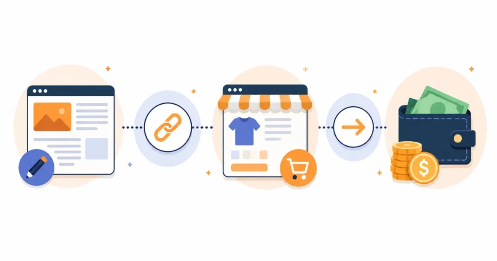 How affiliate marketing works for bloggers — blog post to commission earning illustration