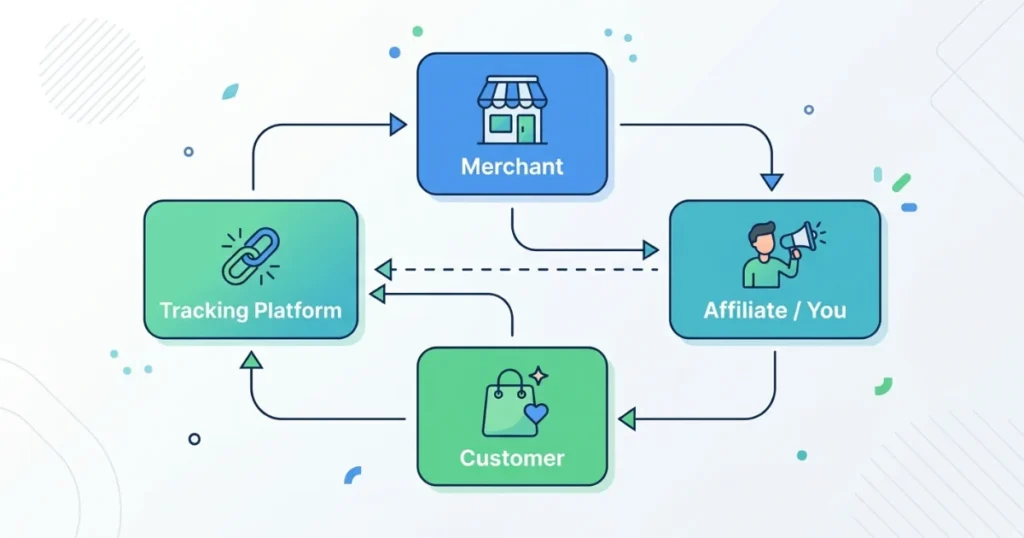 Merchant, affiliate, customer, platform diagram