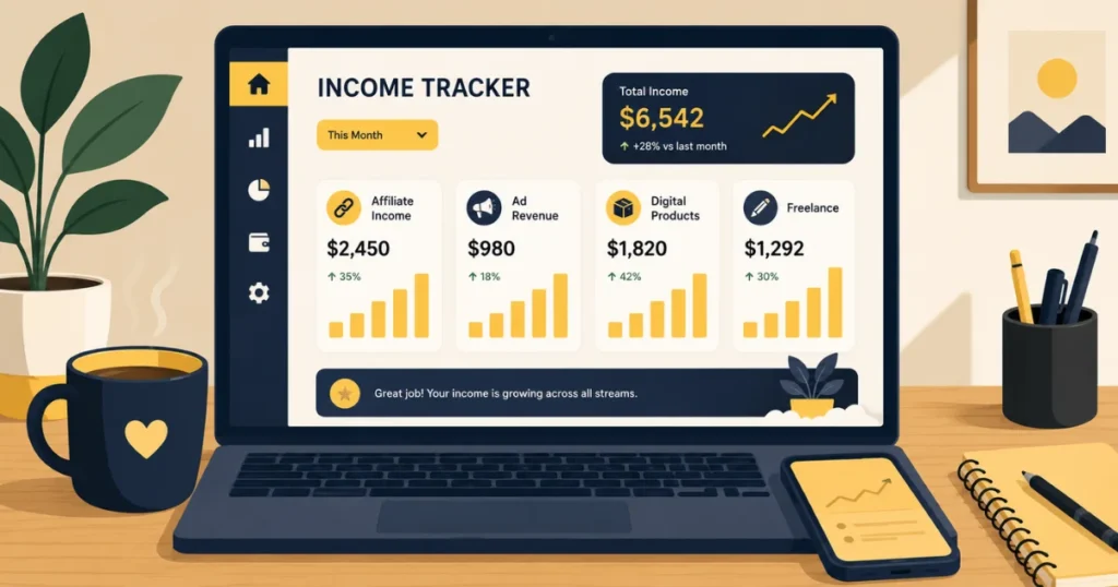 Multiple online income streams for bloggers and creators visualized on a dashboard in 2026