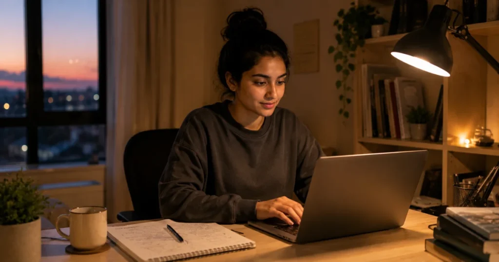 Person building side income at home desk