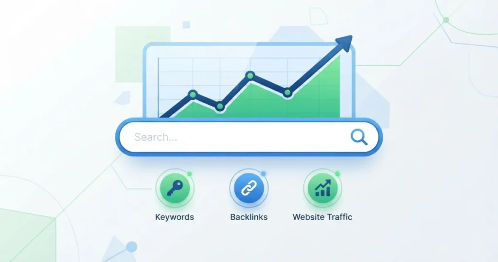 SEO skill illustration showing keywords, traffic graph, and search optimization for bloggers