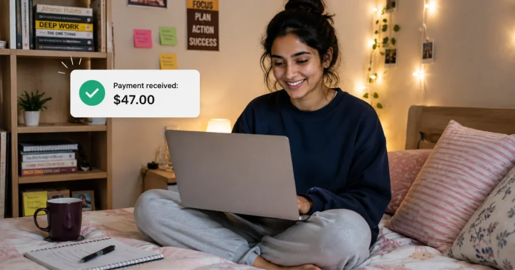 Student receiving first online payment from digital product sale in 2026