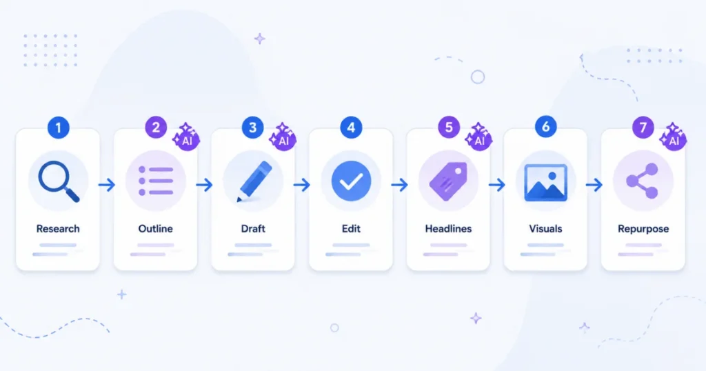 7-step content workflow with AI icons