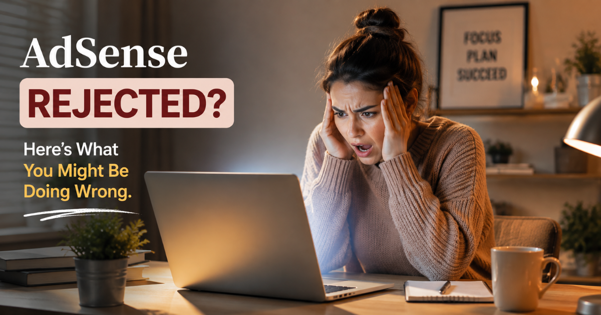 A-frustrated-blogger-looking-at-a-laptop-screen-showing-an-AdSense-rejection-email