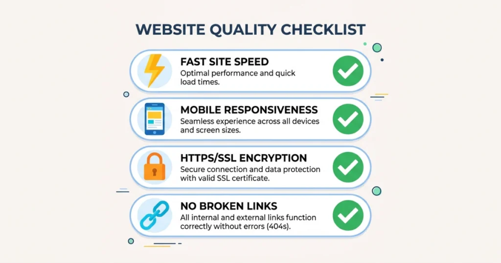 A-website-technical-checklist-showing-site-speed_-mobile-responsiveness_-HTTPS_-and-broken-link-checks