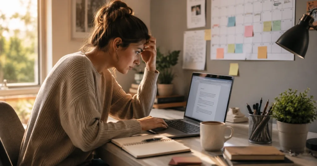 Content creator on deadline with laptop
