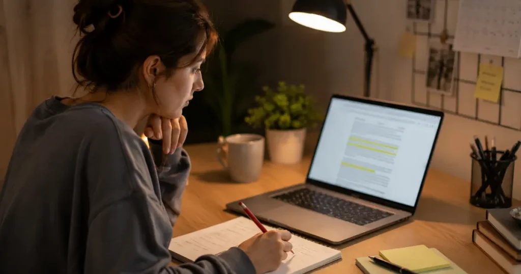 Editor reviewing document on laptop