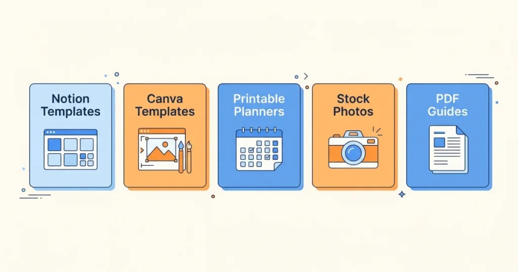 Five product type cards with icons