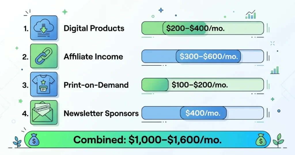 Four streams totaling $1,000–$1,600 month