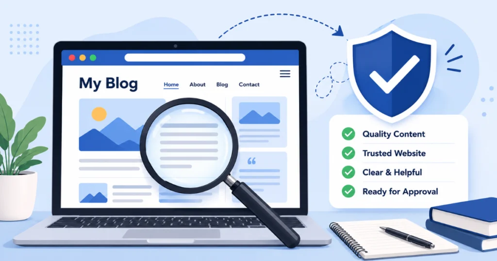 Google-AdSense-review-concept-showing-a-professional-blog-being-evaluated-for-advertiser-trust