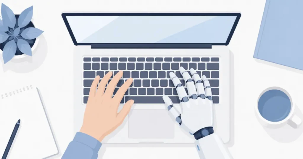 Human + robot hand on laptop