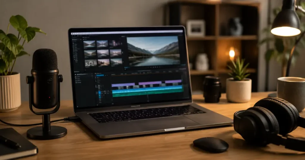 Mic, headphones, video editing setup