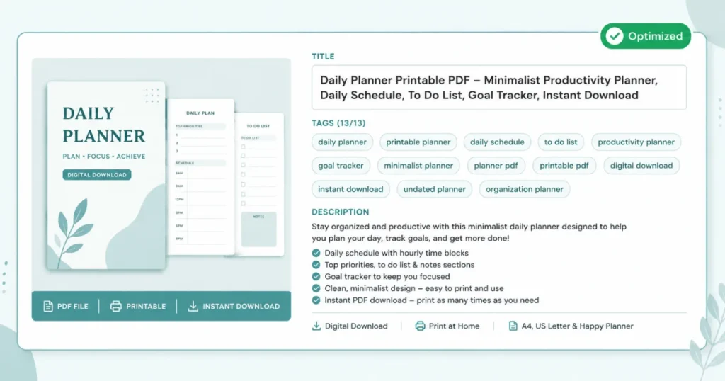 Optimized listing card with title and tags