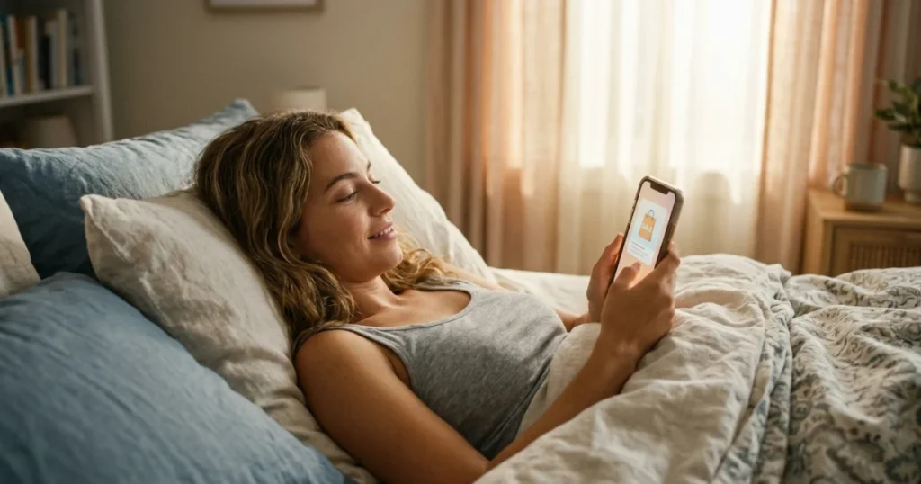 Person seeing passive income notification in bed