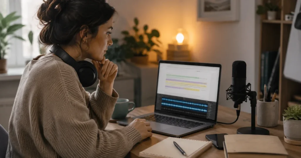 Podcast editor with transcript on screen