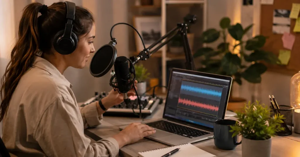 Podcast producer with microphone