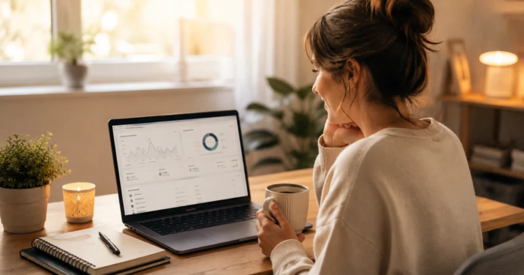 Relaxed freelancer with sales dashboard