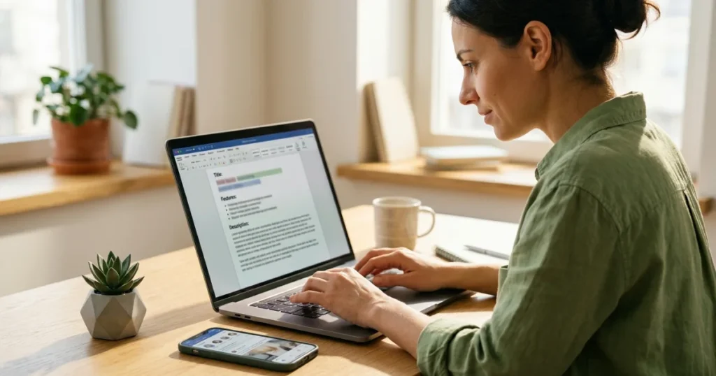 Seller writing listing and sharing on social