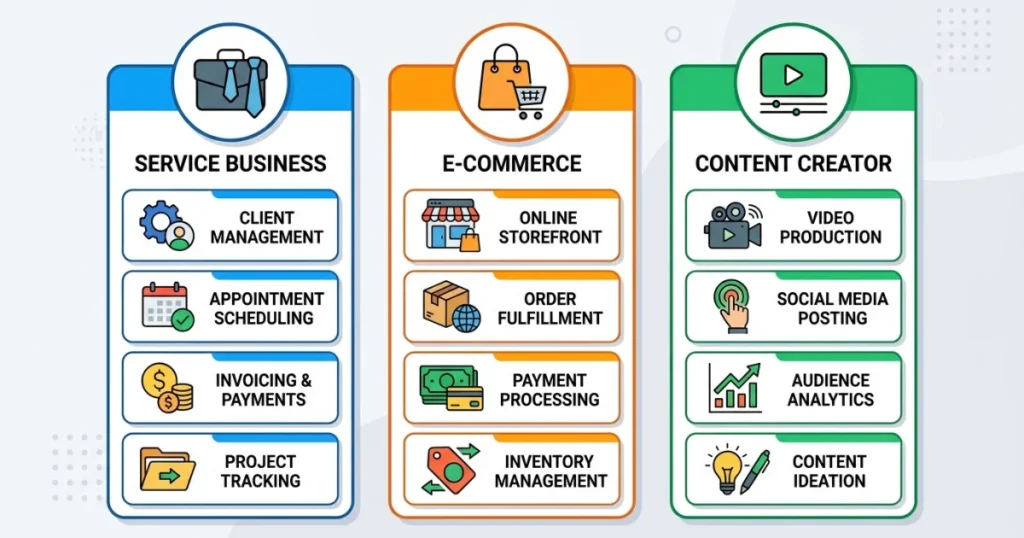 Three-column tool comparison by business type