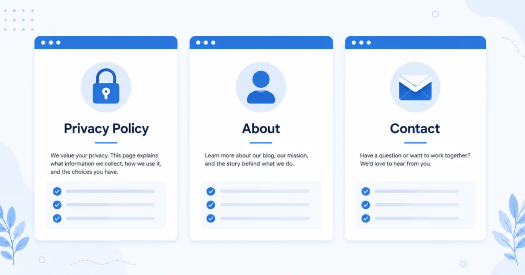 Three-essential-blog-pages-—-Privacy-Policy_-About_-and-Contact-—-shown-as-tabs-or-cards-on-a-websit