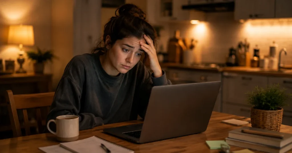 Frustrated blogger at kitchen table at night