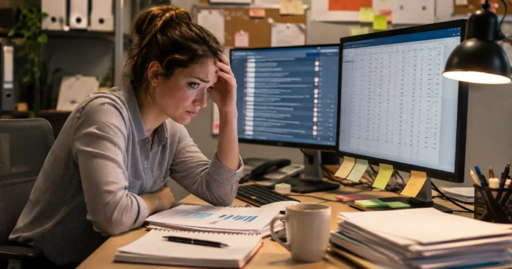 Office worker buried in spreadsheet and emails
