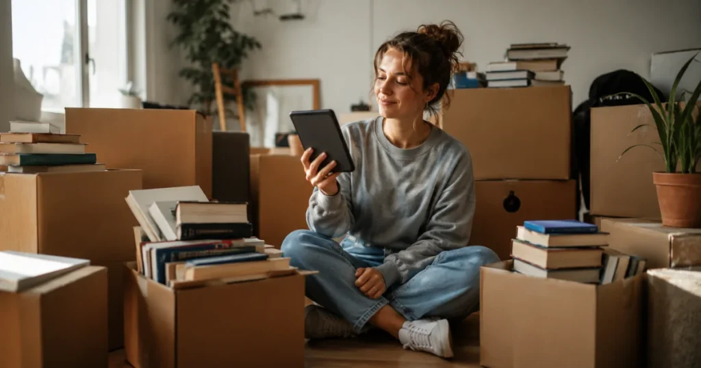 Person with moving boxes discovering e-reader