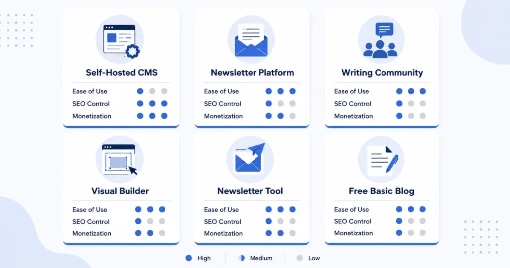 Six platform cards rated by key factors