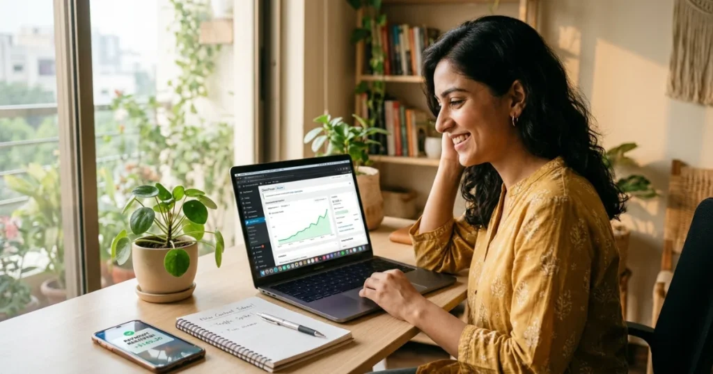 Blogger checking rising traffic and earnings — what blogging success looks like