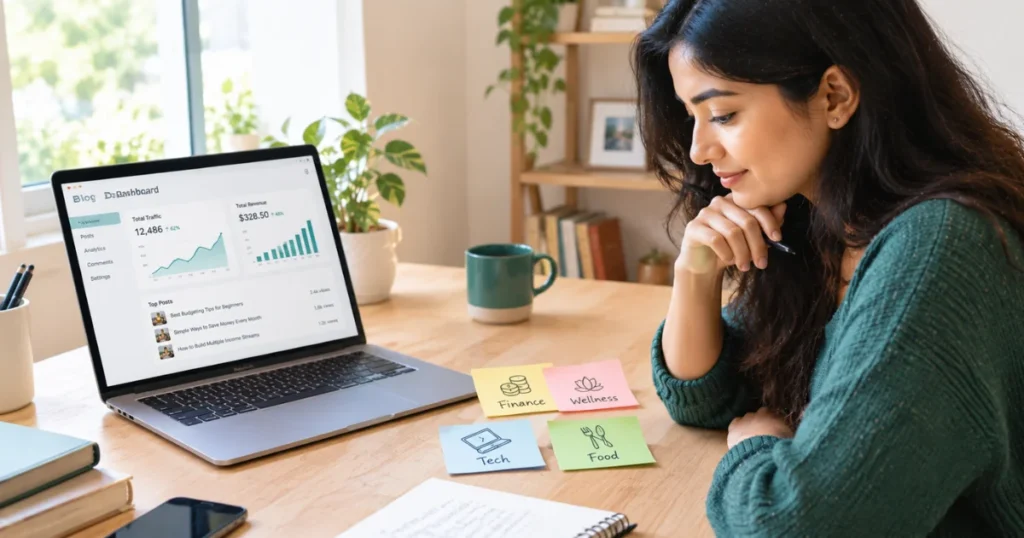 Blogger reviewing profitable niche ideas at a home desk