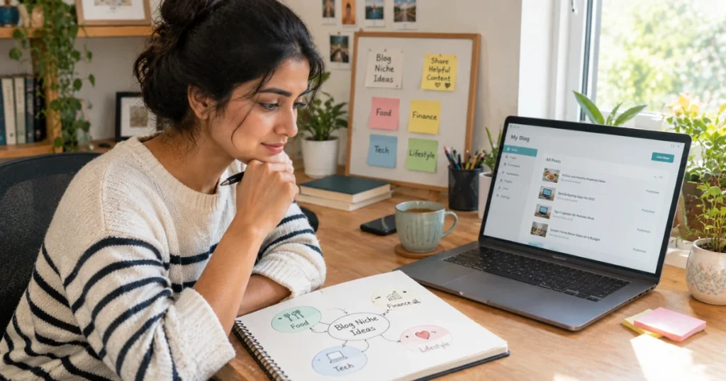 Woman mapping out blog niche ideas in a home office