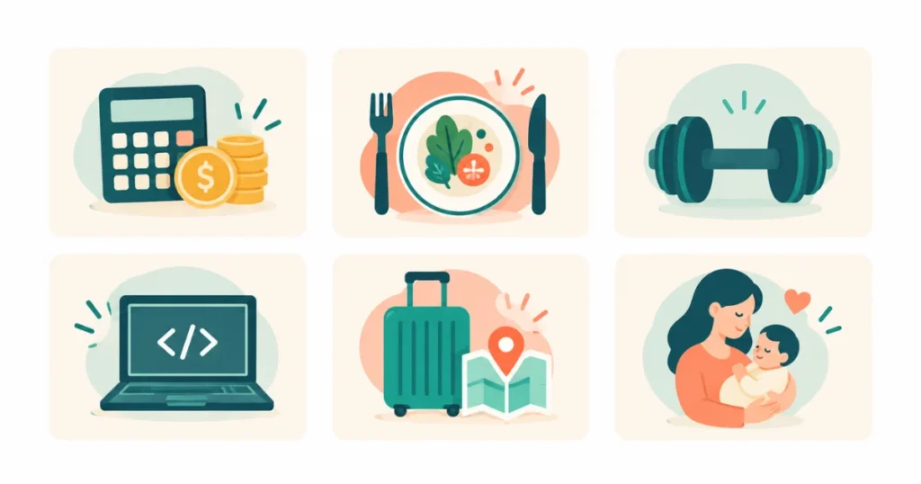 Six popular blog niche examples illustrated — finance, food, fitness, tech, travel, parenting