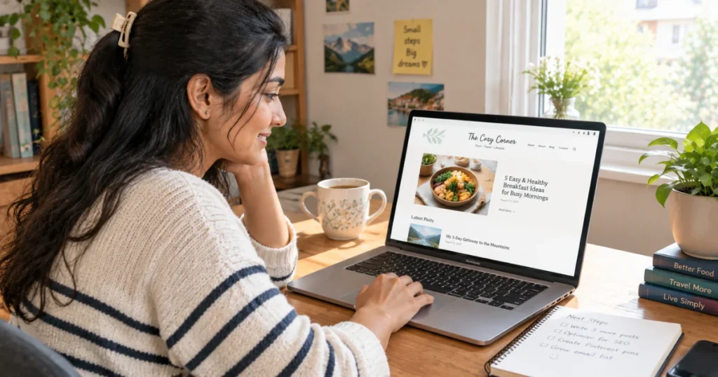 Blogger who chose her niche smiling at her new blog's first post