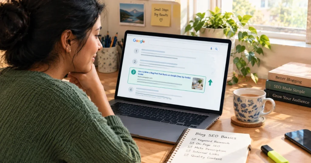 Beginner blogger learning SEO to rank blog posts on Google