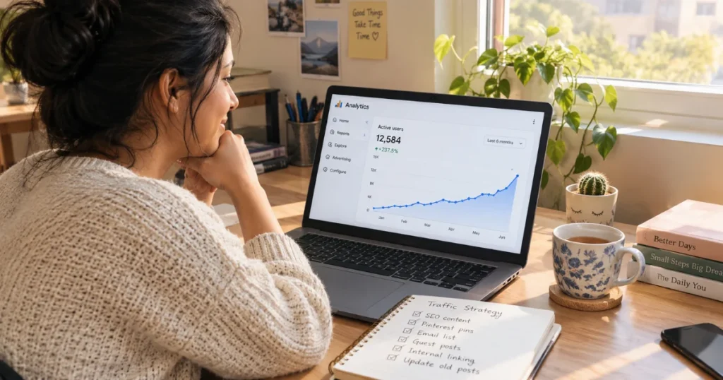 Blogger reviewing rising traffic graph on Google Analytics dashboard