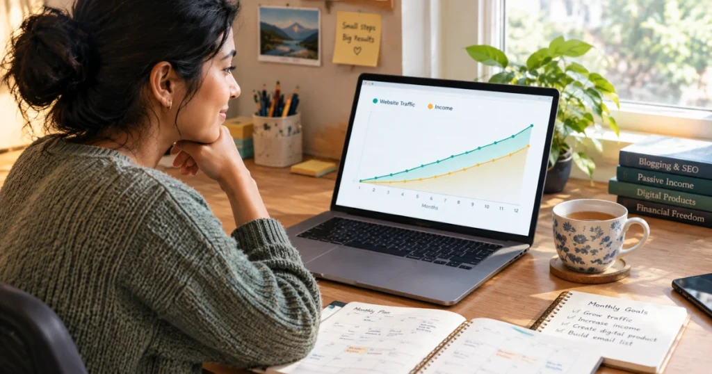 Blogger tracking blog income growth over 12 months on laptop